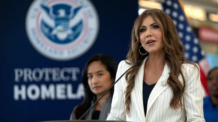 Homeland Security Secretary Kristi Noem speaks during a news conference on Tuesday, July 8, 2025, at Reagan National Airport in Washington.  (Mark Schiefelbein/AP Photo)