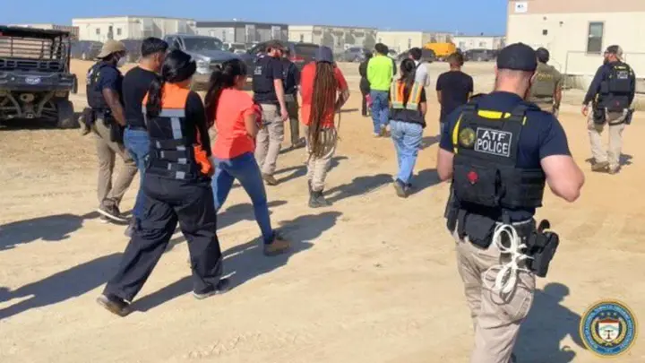 Workers are escorted by federal agents after an immigration raid at Hyundai’s battery plant construction site in Georgia. (ATF Atlanta)