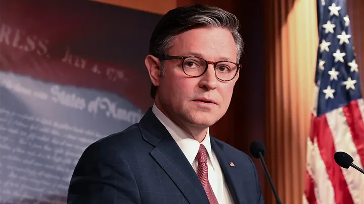 Speaker of the House Mike Johnson speaks during a news conference at the U.S. Capitol on the tenth day of the federal government shutdown on Oct. 10, 2025, in Washington, D.C. (Alex Wroblewski/AFP via Getty Images)