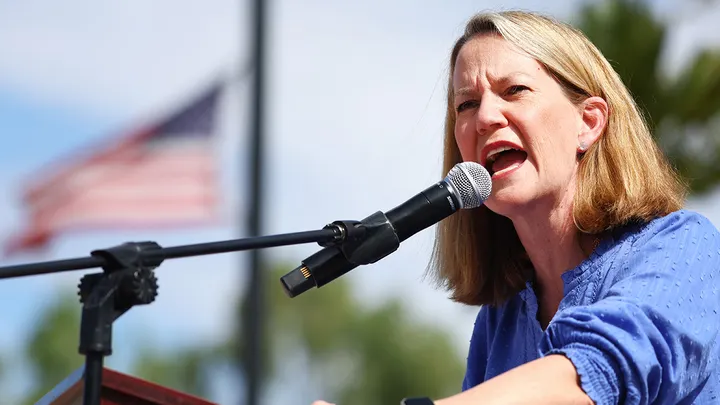 Arizona Attorney General Kris Mayes, then a Democratic candidate for her role, speaks at a Women's March rally outside the State Capitol on Oct. 8, 2022 in Phoenix, Arizona.  (Mario Tama/Getty Images)