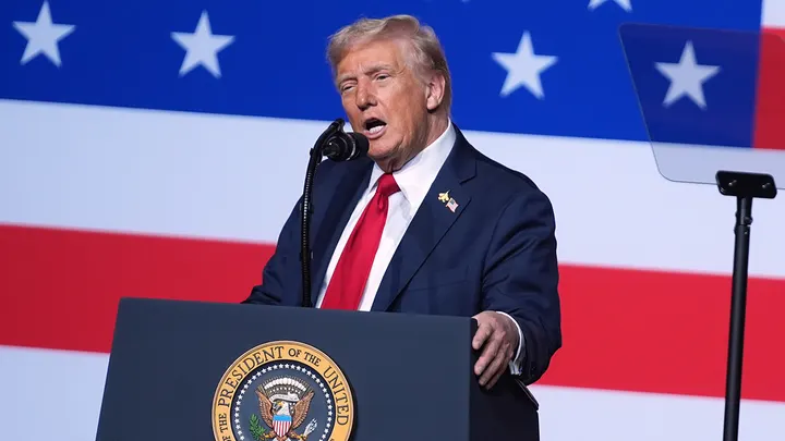 President Donald Trump speaks to a gathering of top U.S. military commanders at Marine Corps Base Quantico, Tuesday, Sept. 30, 2025, in Quantico, Va.  (Evan Vucci/AP Photo)