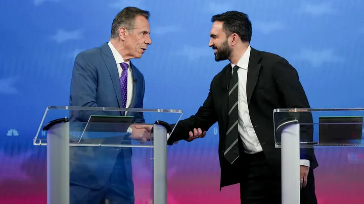 All three candidates for New York City governor debated Wednesday night. From left to right: Andrew Cuomo, Curtis Sliwa and Zohran Mamdani. (Photo by Angelina Katsanis-Pool/Getty Images)