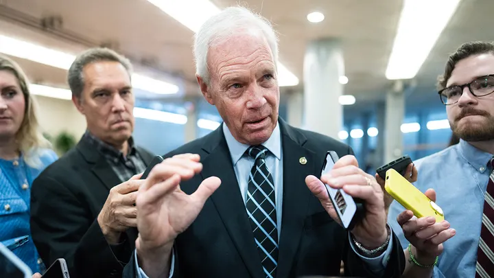 Sen. Ron Johnson talks with reporters in the U.S. Capitol after the House passed the One Big Beautiful Bill Act on May 22, 2025. (Tom Williams/Getty Images)