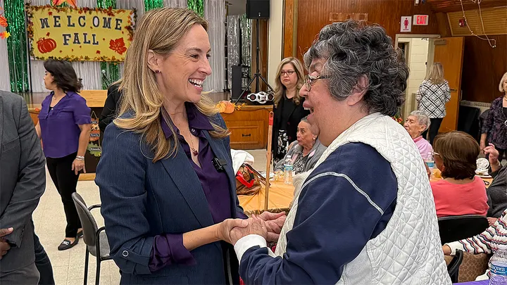 Rep. Mikie Sherrill, the Democratic nominee for governor in New Jersey, greets voters at a senior center in Elizabeth, N.J., on Oct. 29, 2025. (Paul Steinhauser/Fox News)