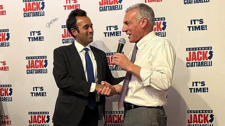 Republican gubernatorial candidate in Ohio Vivek Ramaswamy headlines a campaign event for New Jersey GOP nominee for governor Jack Ciattarelli, on Oct. 15, 2025 in Saddle Brook, N.J. (Paul Steinhauser - Fox News)