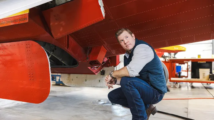 Tim Sheehy, founder of Bridger Aerospace, seen in the Bridger hangar in Bozeman, Montana, on Thursday, Jan. 18, 2024. Sheehy is a former Navy SEAL. (Photographer: Louise Johns/Bloomberg via Getty Images )