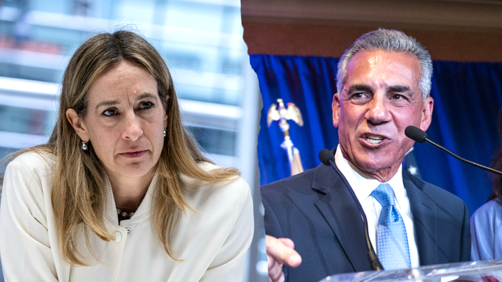 Representative Mikie Sherrill, a Democrat from New Jersey, during an interview in New York, US, on Friday, May 2 (left). Jack Ciattarelli, Republican candidate for governor of New Jersey, speaks during an election night event in Bridgewater Township, New Jersey, U.S., on Wednesday, Nov. 3, 2021, (right). (Victor J. Blue/Getty Images (left); Mark Kauzlarich/Getty Images (right))