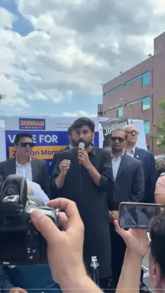 Raza Gallani speaking at a fundraiser for the mayoral campaign of Zohran Mamdani on Coney Island Avenue in Brooklyn this June. Haqooq e Khalq Party- HKP/ Facebook
