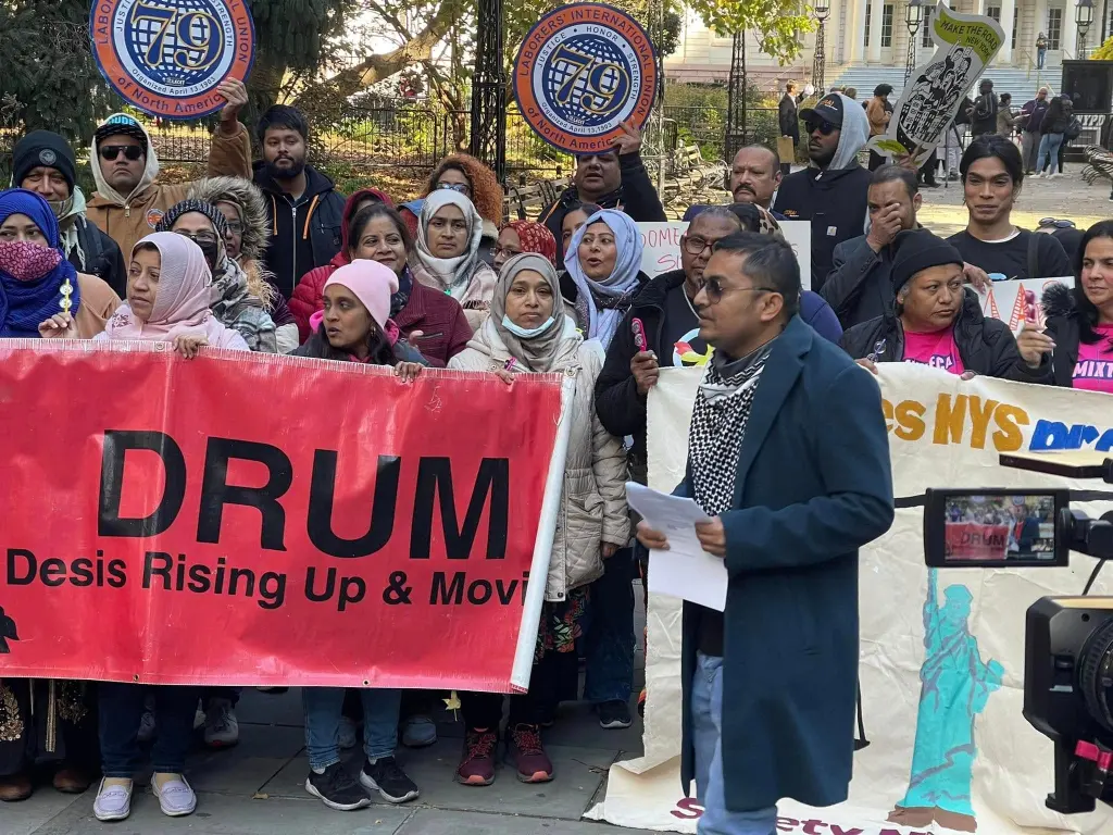 Supporters of DRUM campaigning at City Hall in Manhattan in support of the Unemployment Bridge Program. DRUM – Desis Rising Up & Moving