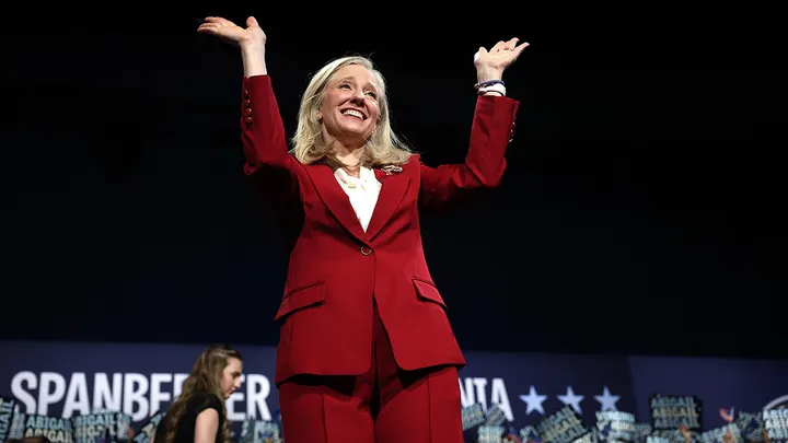 Virginia Democratic gubernatorial candidate former Rep. Abigail Spanberger celebrates as she takes the stage during her election night rally at the Greater Richmond Convention Center Nov. 4, 2025. (Win McNamee/Getty Images)