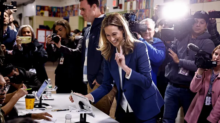 Rep. Mikie Sherrill, Democratic gubernatorial candidate for New Jersey, checks in to cast her ballot at a polling location inside Hillside Elementary School in Montclair, New Jersey, Nov. 4, 2025. (John Lamparski/Bloomberg via Getty Images)