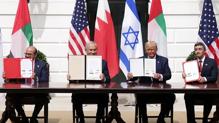 Israeli Prime Minister Benjamin Netanyahu, Bahrain’s Foreign Affairs Minister Abdullatif bin Rashid Al Zayani and United Arab Emirates Foreign Affairs Minister Abdullah bin Zayed Al Nahyan join President Trump for the Abraham Accords signing ceremony on the South Lawn of the White House Sept. 15, 2020, in Washington. (Alex Wong/Getty Images)