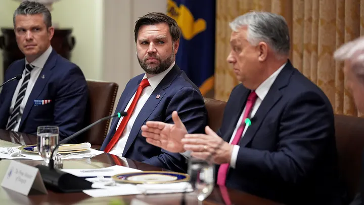Hungary's Prime Minister Viktor Orban speaks during a meeting with President Donald Trump, in foreground at right, as Defense Secretary Pete Hegseth, from left, and Vice President JD Vance listen, in the Cabinet Room of the White House, Friday, Nov. 7, 2025, in Washington, D.C. (Evan Vucci/AP)