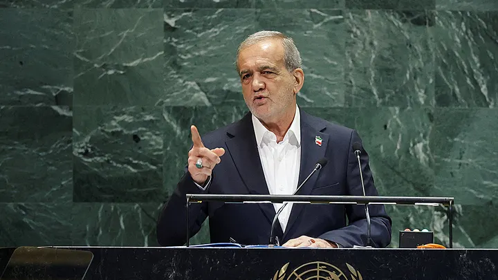 Pezeshkian accused the U.S. of a "grave betrayal" at the United Nations General Assembly on Sept. 24, 2025, in New York City. (Jeenah Moon/Reuters)