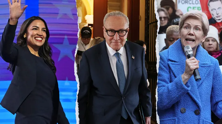 Democrats, including Rep. Alexandria Ocasio-Cortez, D-N.Y., (left) Senate Minority Leader Chuck Schumer (middle) and Sen. Elizabeth Warren, D-Mass., (right) blame Republicans for stripping millions off their health insurance by opposing an extension of Obamacare tax credits. (Getty Images)