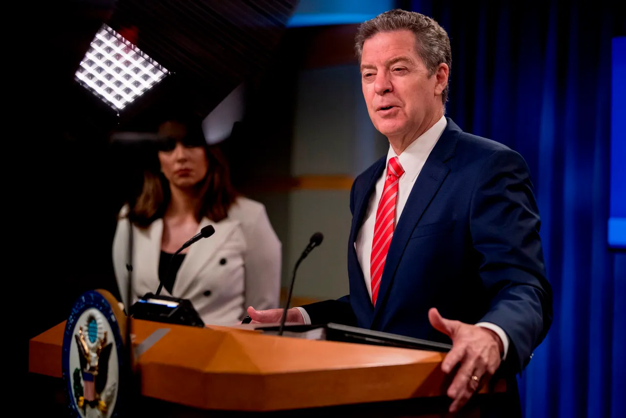 Sam Brownback, Ambassador at Large for International Religious Freedom, accompanied by State Department spokeswoman Morgan Ortagus, speaks during a news conference at the State Department in Washington,DC on June 10, 2020. (Photo by ANDREW HARNIK/POOL/AFP via Getty Images)