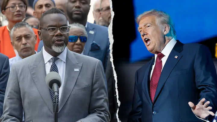 Chicago Mayor Brandon Johnson and President Donald Trump have butted heads over law and order in the blue city.  (Scott Olson/Getty Images; Kevin Dietsch/Getty Images)