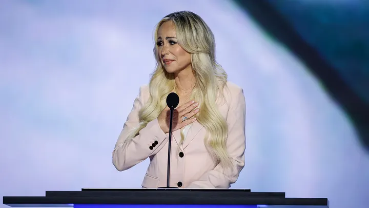Anne Fundner reacts while speaking on stage on the second day of the Republican National Convention at the Fiserv Forum on July 16, 2024, in Milwaukee, Wisconsin. (Chip Somodevilla/Getty Images)