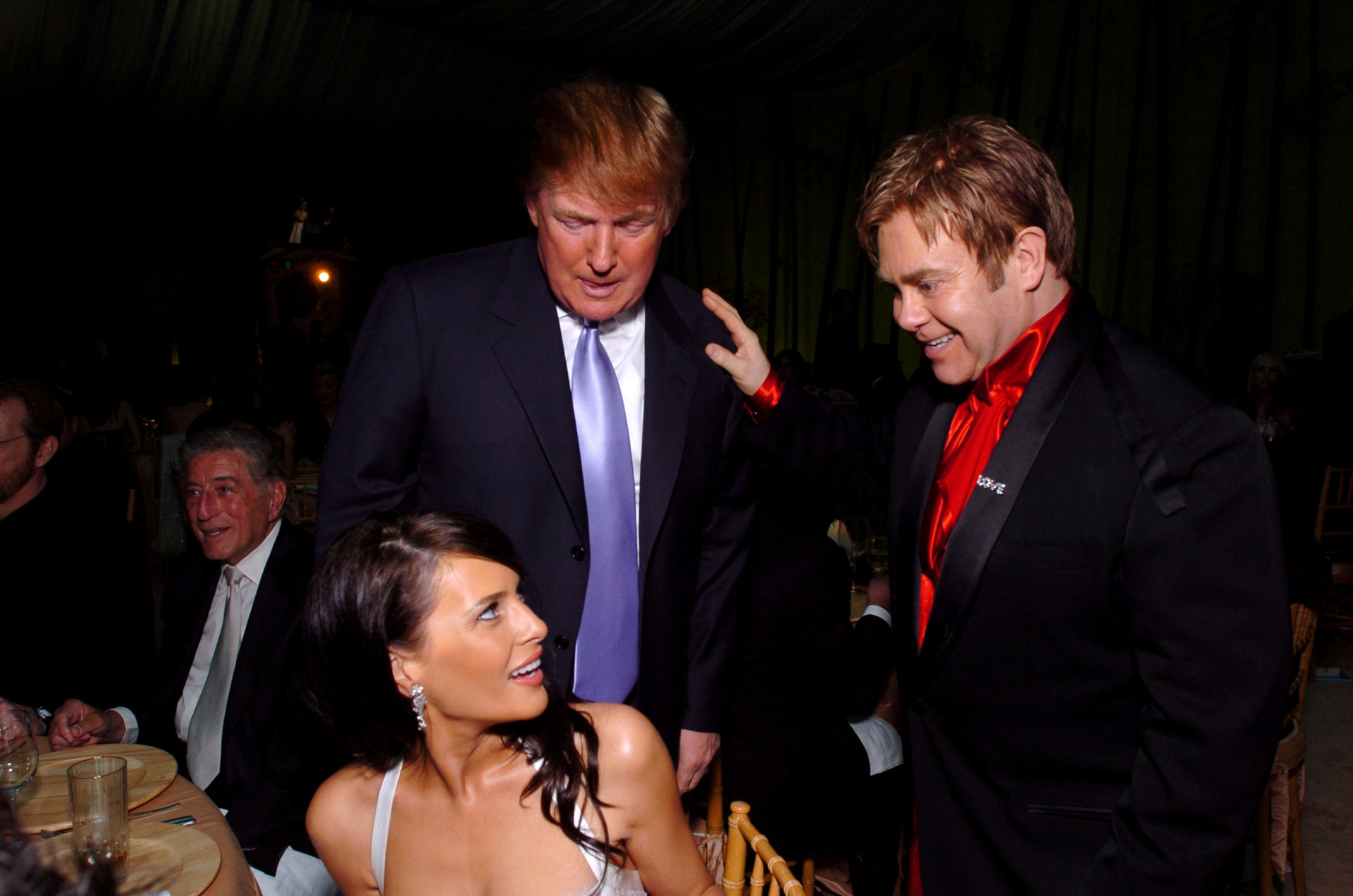 Melania Knauss, Donald Trump and Sir Elton John during 12th Annual Elton John AIDS Foundation Oscar Party Co-hosted by In Style – Inside at Pearl in West Hollywood, California, United States. (Dimitrios Kambouris/WireImage)