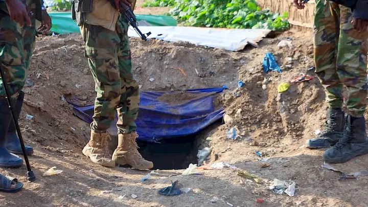 The Somali National Army escorts members of the press to hideouts used by the terrorist group al-Shabaab in the Sabiid-Aanole areas, Somalia on June 23, 2025. (Abuukar Mohamed Muhidin/Anadolu via Getty Images)