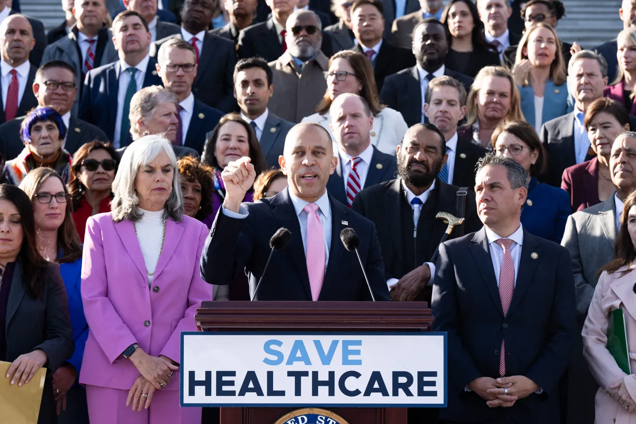 Minority Leader Hakeem Jeffries (D-NY) and fellow House Democrats speak about healthcare and the government shutdown during a press conference at the US Capitol in Washington, DC, November 12, 2025. (Photo by Saul Loeb/AFP via Getty Images)