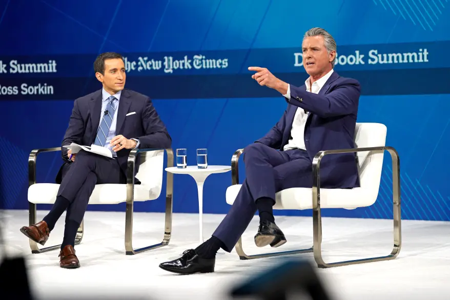 Andrew Ross Sorkin and California Gov. Gavin Newsom speak onstage during the New York Times Dealbook Summit 2025 at Jazz at Lincoln Center on December 3, 2025, in New York City. Getty Images for The New York Times