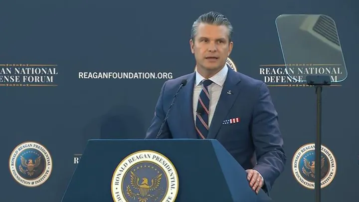 Secretary of War Pete Hegseth delivers the keynote address at the Reagan National Defense Forum Saturday, in Simi Valley, Calif. (Fox News/Pool)