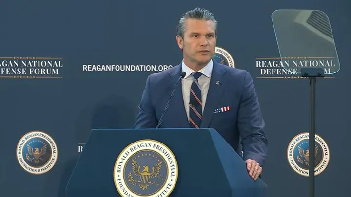 Secretary of War Pete Hegseth delivers the keynote address at the Reagan National Defense Forum Saturday, in Simi Valley, Calif. (Fox News/Pool)