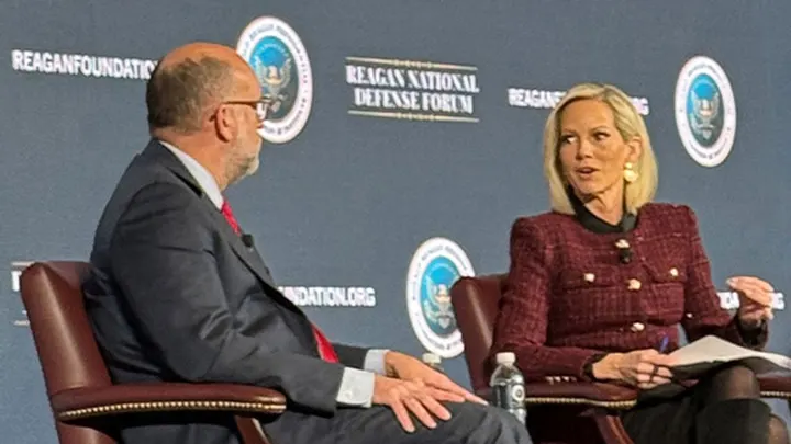 Fox News Channel's Shannon Bream interviews Office of Management and Budget Director Russ Vought at the Reagan National Defense Forum Saturday in Simi Valley, Calif. (Fox News)