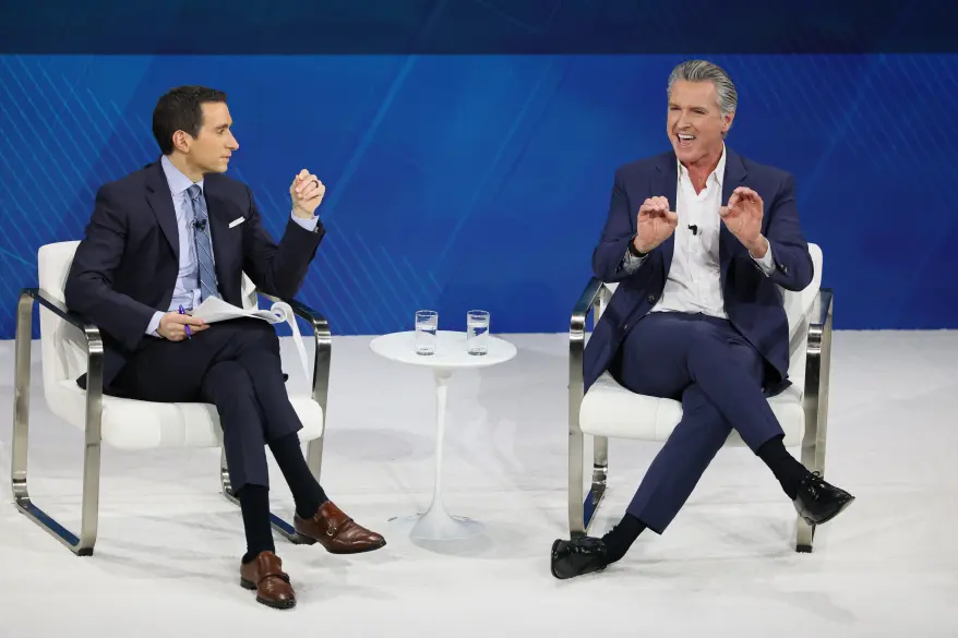 Newsom’s testicle-crushing pose was questioned. Getty Images