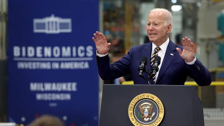 Then-President Joe Biden speaks to guests at Ingeteam Inc., an electrical equipment manufacturer, on August 15, 2023 in Milwaukee. (Scott Olson/Getty Images)