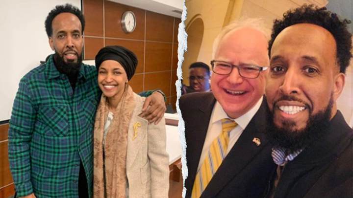 Somali illegal alien Abdul Dahir Ibrahim, who was convicted of fraud, has been photographed with Rep. Ilhan Omar, D-Minn., (left) and Democratic Minnesota Gov. Tim Walz (right). (ICE)