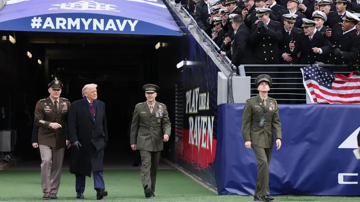 President Donald Trump walks onto the field for the 126th Army-Navy Game between the Army Black Knights and the Navy Midshipmen Dec. 13, 2025 in Baltimore. (Tasos Katopodis/Getty Images)