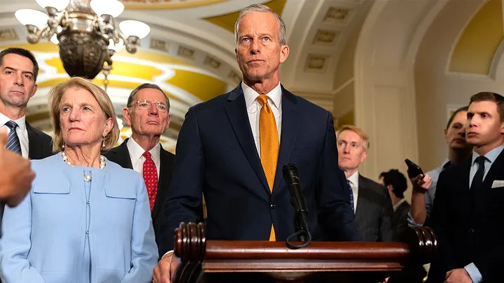 Senate Majority Leader John Thune speaks during a press conference with Senate Republican leadership after a policy luncheon on Capitol Hill in Washington Oct. 28, 2025. (Nathan Posner/Anadolu via Getty Images)