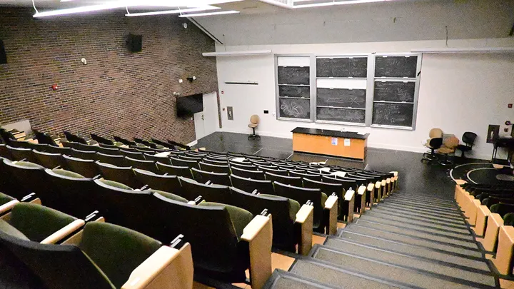 Interior view of Barus and Holley Room 166 on the campus of Brown University in Providence, R.I. On Saturday, Dec. 13, around 4p.m., a masked man with a gun entered a review session in Barus & Holley Room 166 for ECON 0110: "Principles of Economics," shouted something indiscernible and opened fire. (Kenna Lee/The Brown Daily Herald)