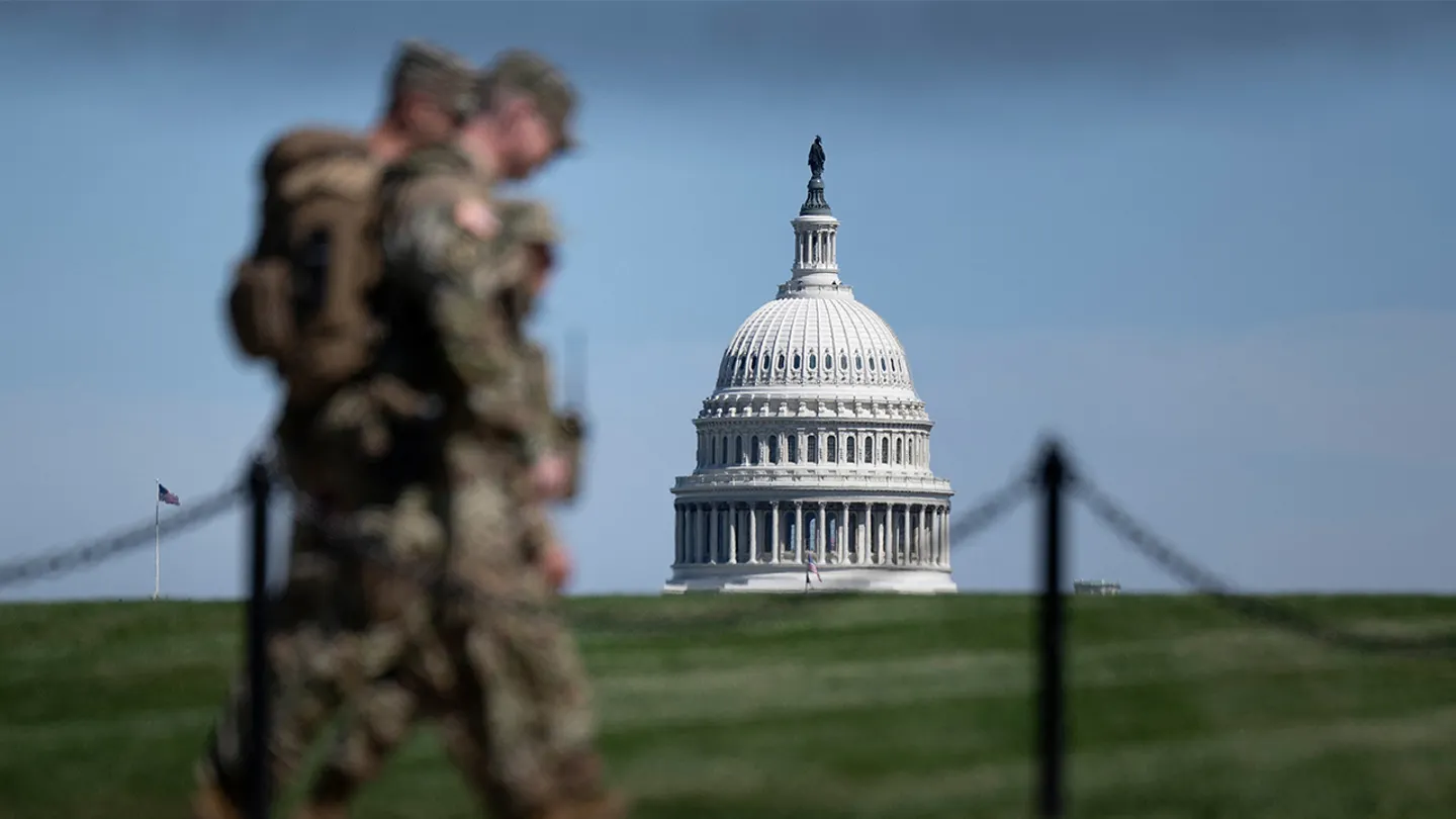 Members of the National Guard patrol the National Mall in Washington, D.C., on Sept. 8, 2025. (Brendan Smialowski/AFP via Getty Images)