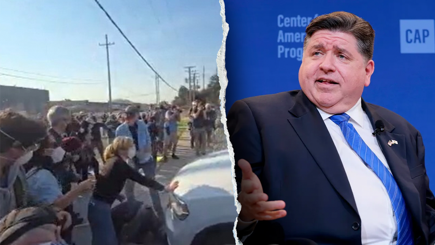 The Department of Homeland Security criticized Illinois Democratic Gov. JB Pritzker, right, for not being proactive in responding to a chaotic anti-ICE protest in Broadview, Illinois. (Anna Moneymaker/Getty Images and Jon Stegenga via Storyful)