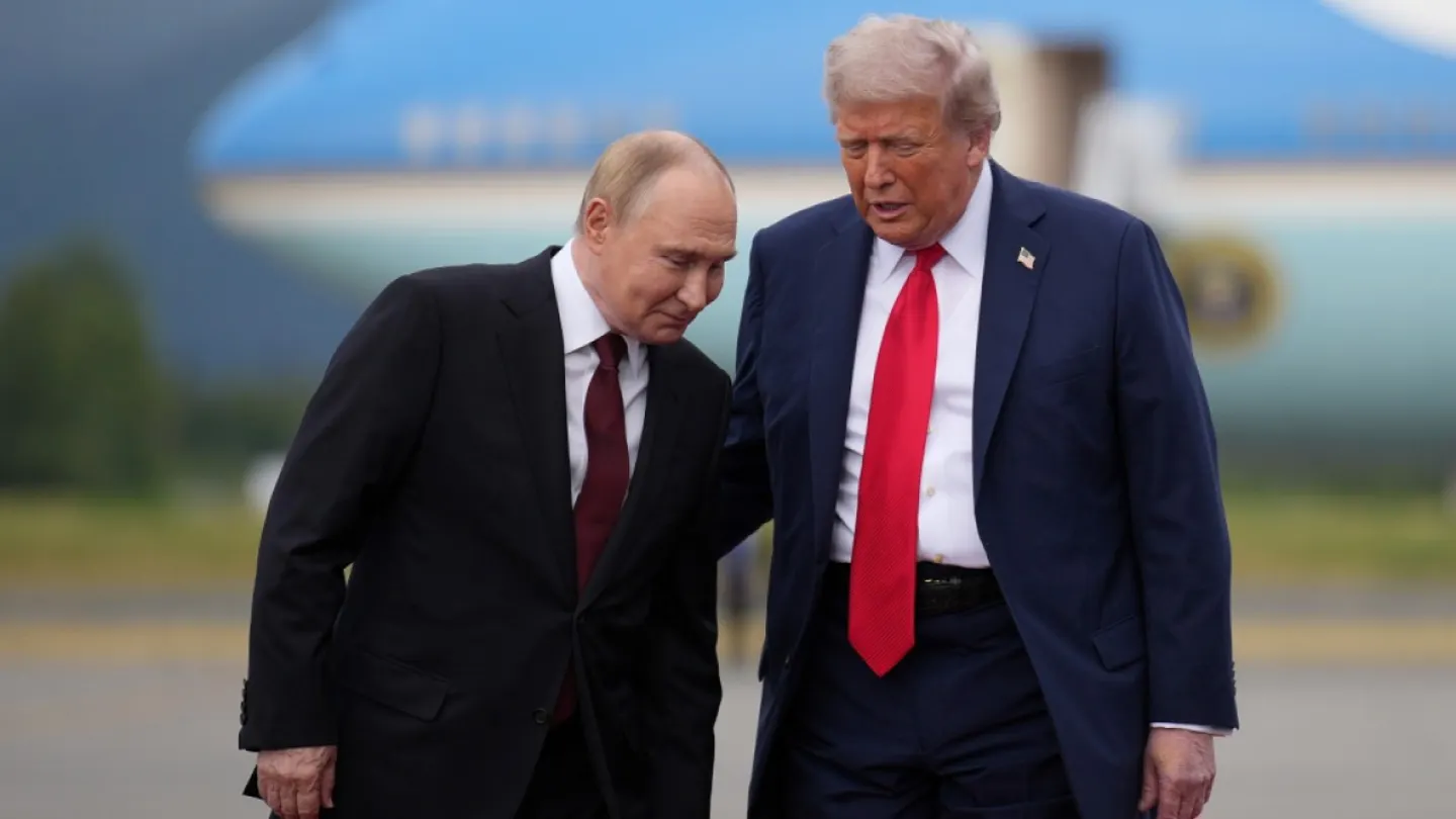 President Donald Trump (R) greets Russian President Vladimir Putin (L) as he arrives at Joint Base Elmendorf-Richardson on Aug. 15, 2025, in Anchorage, Alaska.  (Andrew Harnik/Getty Images)
