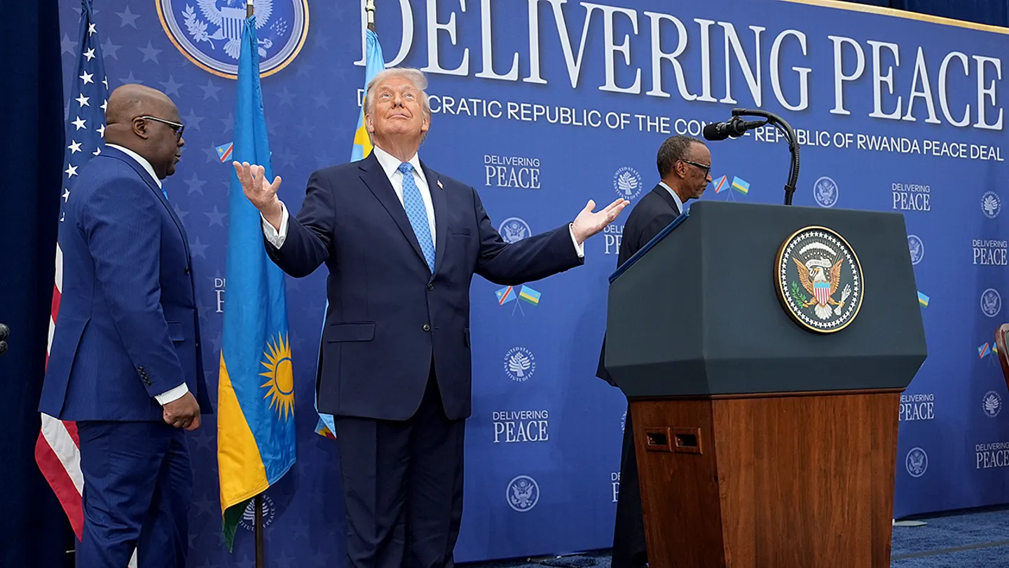 President Donald Trump arrives for a signing ceremony with Rwanda's President Paul Kagame and Democratic Republic of Congo President Felix-Antoine Tshisekedi at the Donald J. Trump Institute of Peace, Thursday, Dec. 4, 2025, in Washington. (AP Photo/Evan Vucci)