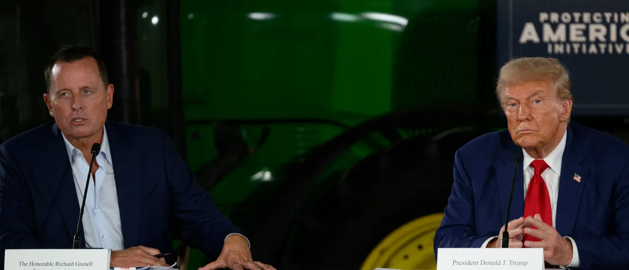 Then-Republican presidential nominee, former U.S. President Donald Trump attends a campaign event with Kennedy Center President Richard Grenell on food security in a barn on the Smith Family Farm on September 23, 2024 in Smithton, Pennsylvania. (Photo by Jeff Swensen/Getty Images)