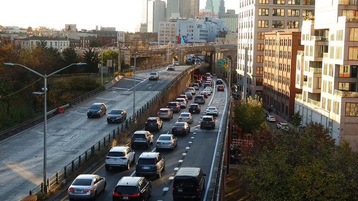 Cars travel on the Brooklyn-Queens Expressway (BQE) through the neighborhood of Dumbo on November 2, 2024, in New York City.  (Gary Hershorn/Getty Images / Getty Images)