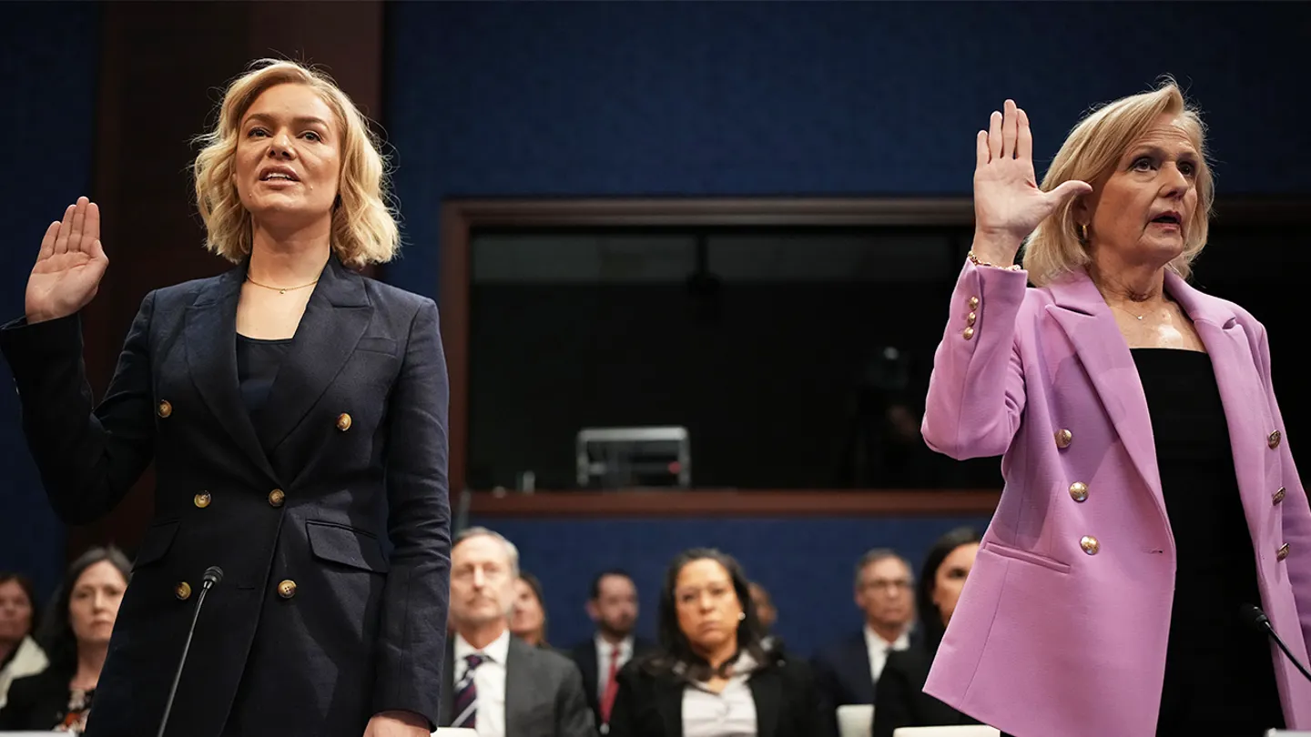 President and CEO of National Public Radio Katherine Maher (L) and President and CEO of Public Broadcasting Service Paula Kerger are sworn in before a House Oversight and Government Reform Committee hearing at the U.S. Capitol on March 26, 2025 in Washington, DC. (Andrew Harnik/Getty Images)