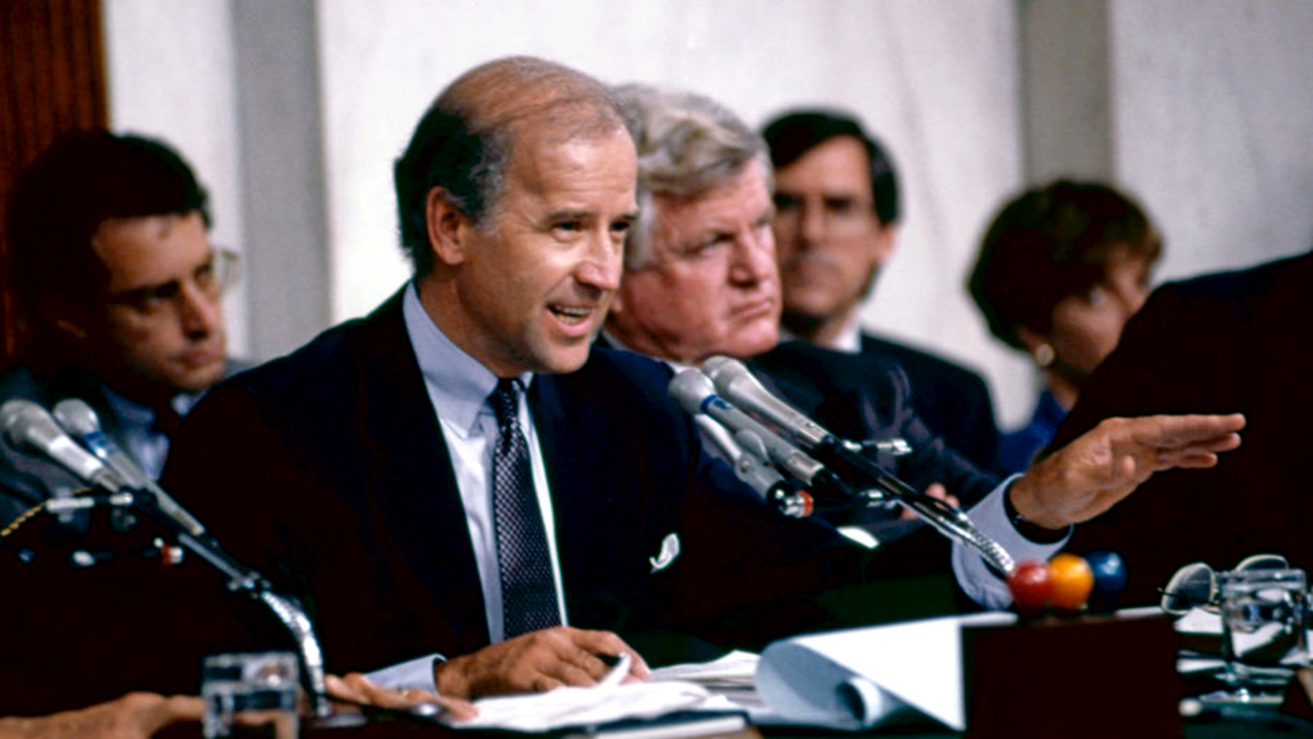 Then-Senate Judiciary Committee Chairman Joe Biden in 1991, while chairing the Clarence Thomas Supreme Court confirmation hearings. (Getty)