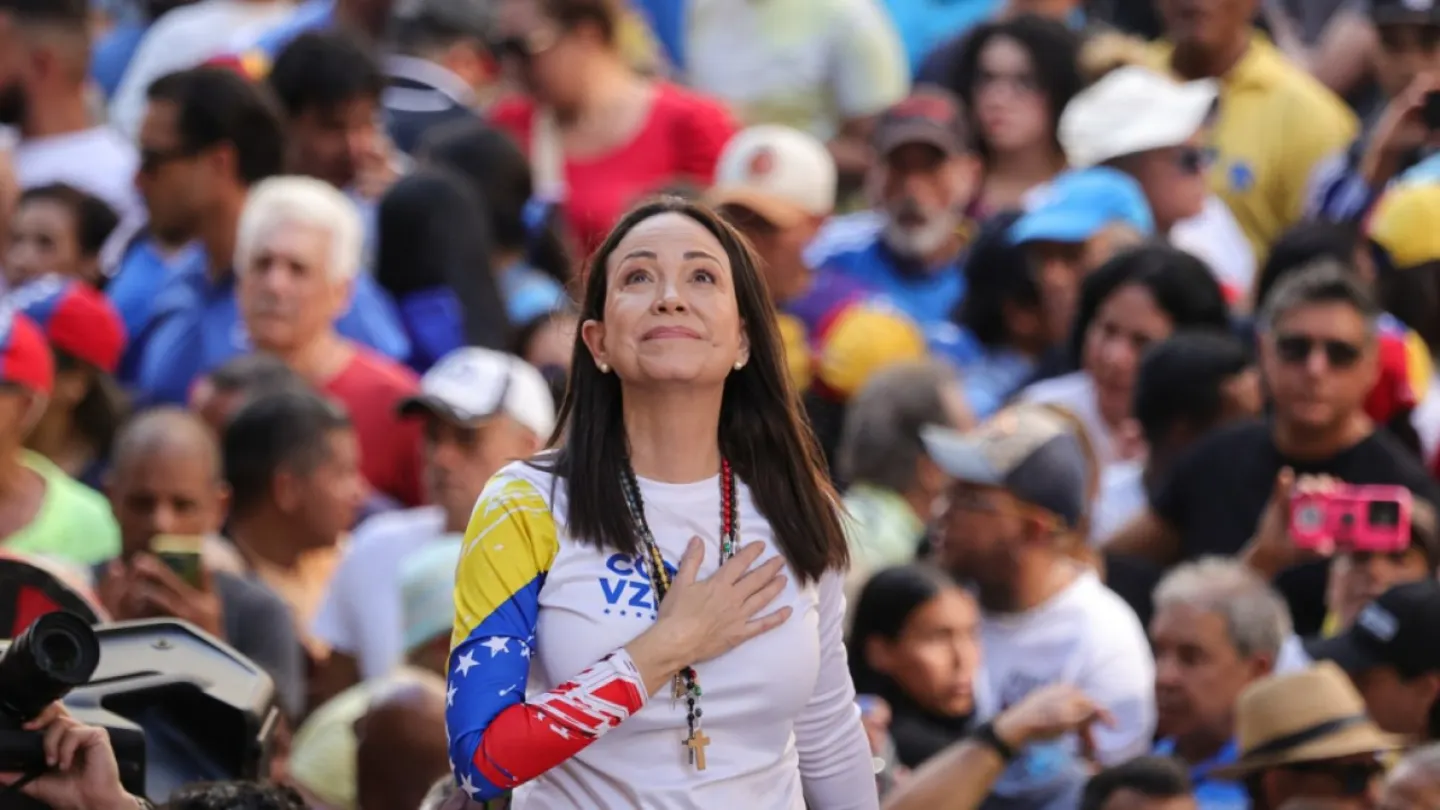 Opposition leader Maria Corina Machado gestures during an anti-government protest Jan. 9, 2025, in Caracas, Venezuela. (Jesus Vargas/Getty Images)