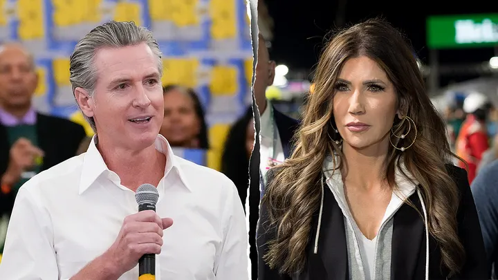 California Gov. Gavin Newsom and Department of Homeland Security Secretary Kristi Noem (Nelvin C. Cepeda/The San Diego Union-Tribune; Arnold Jerocki/Getty Images)
