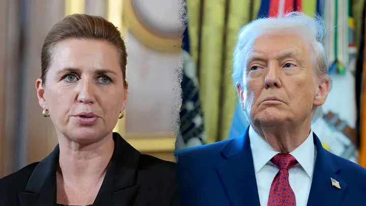 Danish Prime Minister Mette Frederiksen on Monday, Jan. 5, 2026, warned about the implications of President Donald Trump’s threats to annex Greenland. (Anna Moneymaker/Getty Images; Kirsty Wigglesworth - WPA Pool/Getty Images)