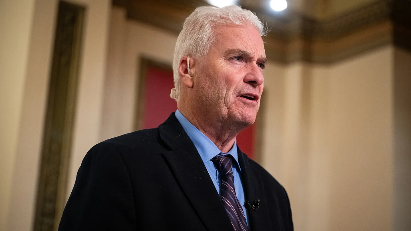 House Majority Whip Tom Emmer during a television interview at the U.S. Capitol in Washington, Sept. 30, 2025. (Graeme Sloan/Bloomberg via Getty Images)