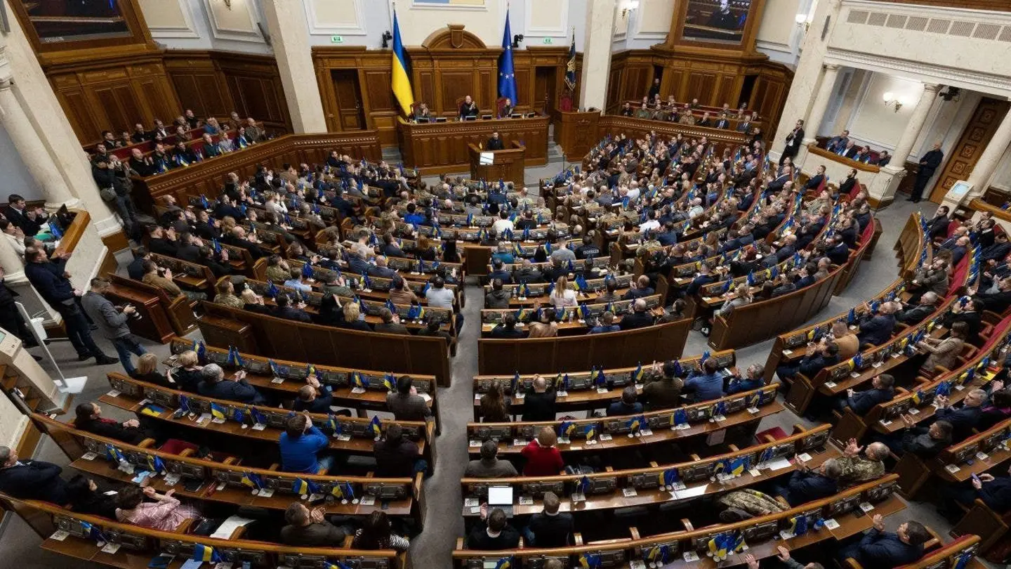 Ukrainian President Volodymyr Zelenskyy addresses the Ukrainian Parliament in Kyiv, Ukraine, Dec. 28, 2022.  (Ukrainian Presidency/Handout/Anadolu Agency via Getty Images)