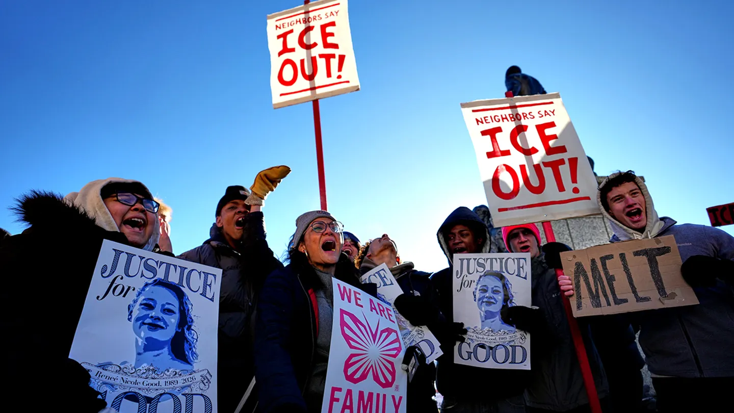 Protesters gather in front of the Minnesota State Capitol in response to the death of Renee Good, who was fatally shot by an ICE officer last week, Wednesday, Jan. 14, 2026, in St. Paul, Minn. (AP Photo/Abbie Parr) (AP Photo/Abbie Parr)