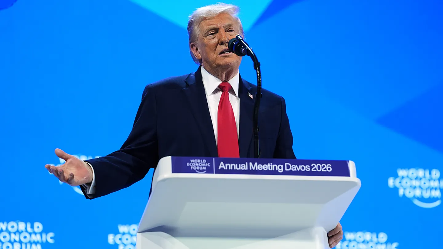 President Donald Trump addresses the audience during the annual meeting of the World Economic Forum in Davos, Switzerland, Wednesday, Jan. 21, 2026. (Evan Vucci/AP Photo)